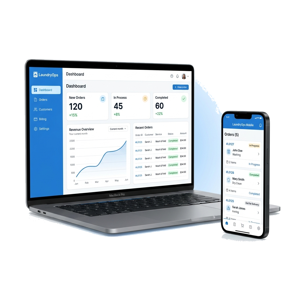 Laundry Bot smartphone application and desktop dashboard cloud preview